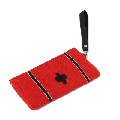 Leather accent Zapotec wool wristlet, 'Poppy Passion' - Handwoven Zapotec Wool Wristlet in Poppy from Mexico