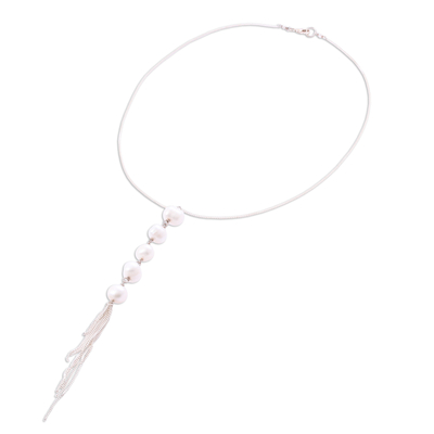 Cultured pearl Y-necklace, 'Glowing Quintet' - Sterling Silver Y-Necklace with Five Pearls