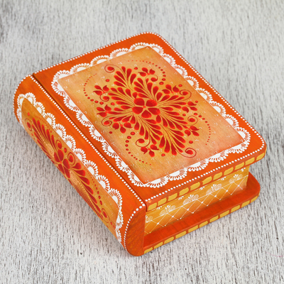 Caja decorativa de madera - Caja decorativa de madera pintada a mano con flores naranjas de México