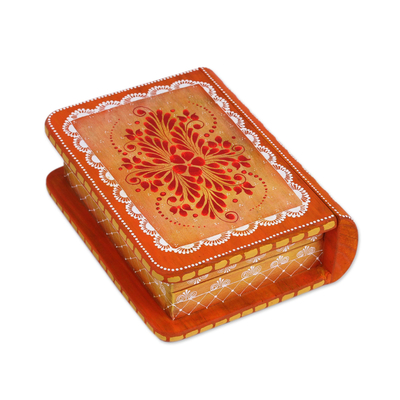 Wood decorative box, 'Tricky Orange Book' - Hand-Painted Orange Floral Wood Decorative Box from Mexico