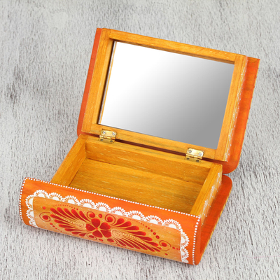 Wood decorative box, 'Tricky Orange Book' - Hand-Painted Orange Floral Wood Decorative Box from Mexico