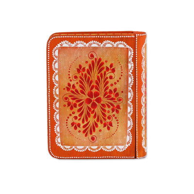 Dekorative Box aus Holz - Handbemalte dekorative Holzkiste mit orangefarbenem Blumenmuster aus Mexiko