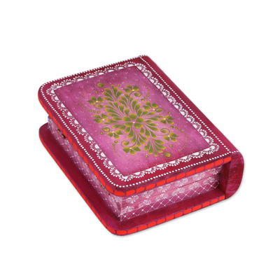 Wood decorative box, 'Tricky Pink Book' - Hand-Painted Pink Floral Wood Decorative Box from Mexico
