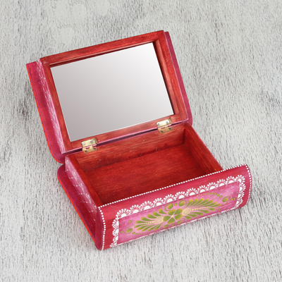 Caja decorativa de madera - Caja decorativa de madera pintada a mano con flores rosas de México