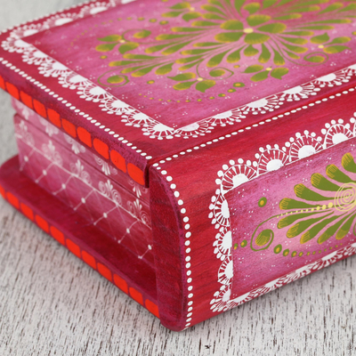 Caja decorativa de madera - Caja decorativa de madera pintada a mano con flores rosas de México
