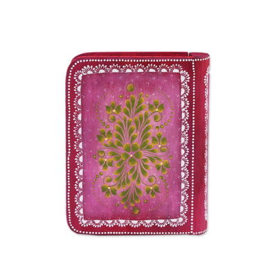 Wood decorative box, 'Tricky Pink Book' - Hand-Painted Pink Floral Wood Decorative Box from Mexico