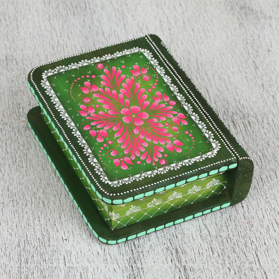 Dekorative Box aus Holz - Handbemalte dekorative Holzkiste mit grünem Blumenmuster aus Mexiko