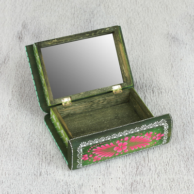 Wood decorative box, 'Tricky Green Book' - Hand-Painted Green Floral Wood Decorative Box from Mexico