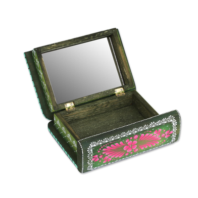 Wood decorative box, 'Tricky Green Book' - Hand-Painted Green Floral Wood Decorative Box from Mexico