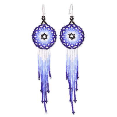 Glass beaded dangle earrings, 'Blue Dream Catcher' - Long Glass Beaded Earrings in Blue from Mexico