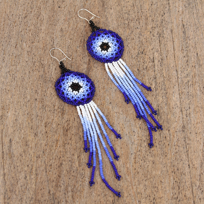 Glass beaded dangle earrings, 'Blue Huichol Circles' - Huichol Glass Beaded Earrings in Blue from Mexico