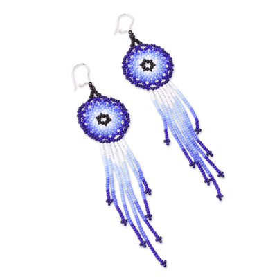 Glass beaded dangle earrings, 'Blue Huichol Circles' - Huichol Glass Beaded Earrings in Blue from Mexico