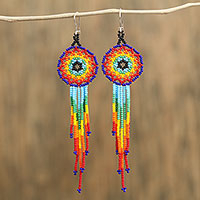 Glass beaded waterfall earrings, 'Colorful Huichol Circles' - Huichol Multicolored Glass Beaded Earrings from Mexico