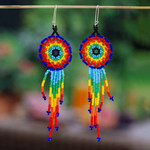 Glass beaded waterfall earrings, 'Colorful Huichol Circles' - Huichol Multicolored Glass Beaded Earrings from Mexico