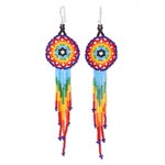 Glass beaded waterfall earrings, 'Colorful Huichol Circles' - Huichol Multicolored Glass Beaded Earrings from Mexico