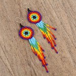 Glass beaded waterfall earrings, 'Colorful Huichol Circles' - Huichol Multicolored Glass Beaded Earrings from Mexico