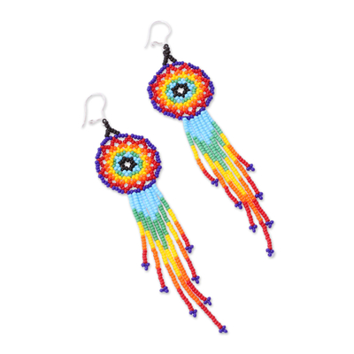 Glass beaded waterfall earrings, 'Colorful Huichol Circles' - Huichol Multicolored Glass Beaded Earrings from Mexico