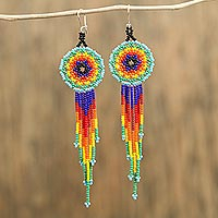 Glass beaded dangle earrings, 'Vibrant Huichol Circles' - Huichol Colorful Glass Beaded Earrings from Mexico