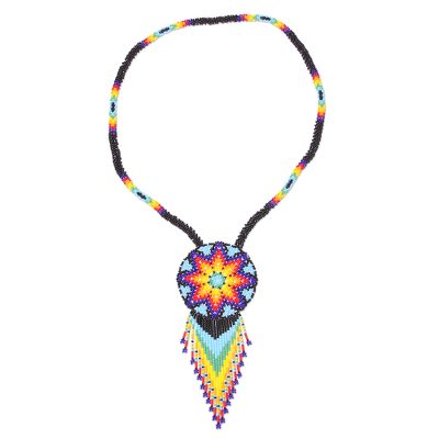 Glass beaded pendant necklace, 'Starry Huichol' - Colorful Huichol Glass Beaded Necklace from Mexico