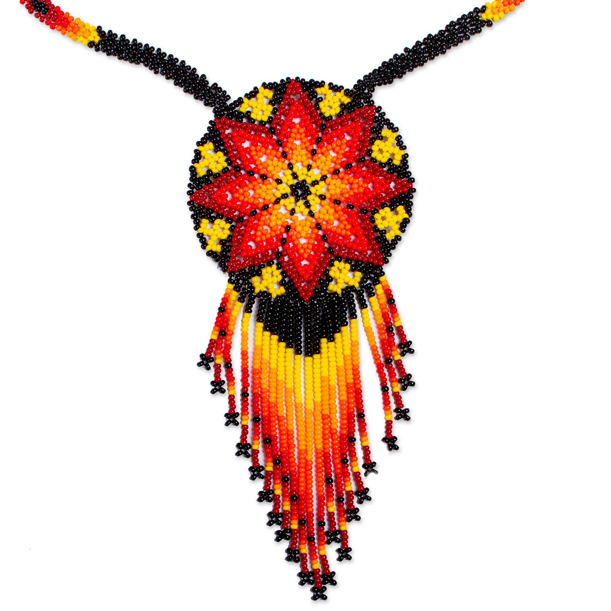 Handcrafted Huichol Glass Beaded Necklace from Mexico Fiery Huichol