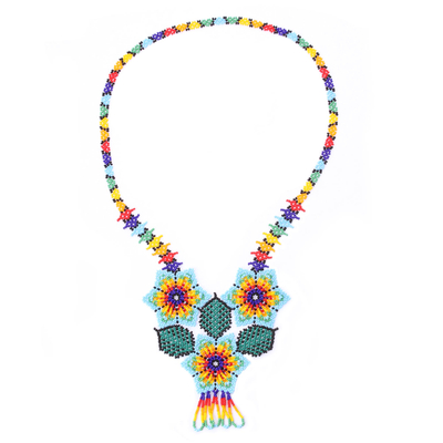 Glass beaded pendant necklace, 'Huichol Trio' - Floral Huichol Glass Beaded Necklace from Mexico