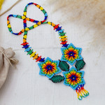Glass beaded pendant necklace, 'Huichol Trio' - Floral Huichol Glass Beaded Necklace from Mexico