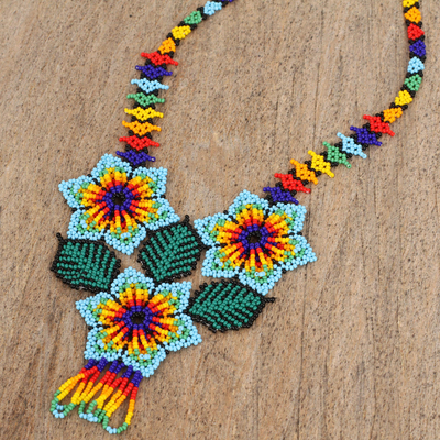 collar con colgante de cuentas de cristal - Collar floral con cuentas de vidrio Huichol de México