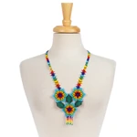 Glass beaded pendant necklace, 'Huichol Trio' - Floral Huichol Glass Beaded Necklace from Mexico