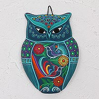 Ceramic wall art, 'Garden Owl' - Hand Painted Colorful Ceramic Owl with Doves and Flowers