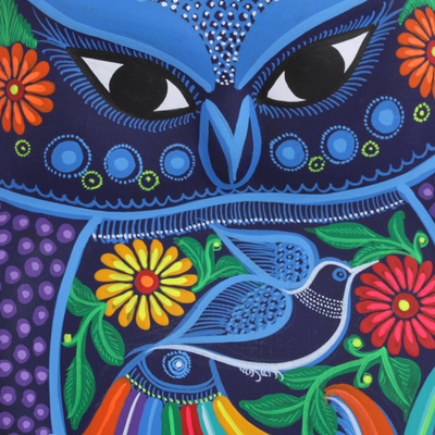 Arte de pared de cerámica, 'Búho Crepuscular' - Búho de cerámica colorido pintado a mano con pájaros y flores