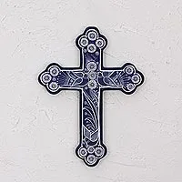 Ceramic wall cross, 'Serenity Cross' - Blue with White Doves and Flowers Hand Painted Ceramic Cross