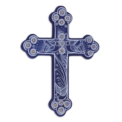 Ceramic wall cross, 'Serenity Cross' - Blue with White Doves and Flowers Hand Painted Ceramic Cross
