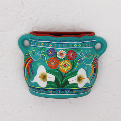 Turquoise Hand Painted Ceramic, Ceramic Garden Art For Wall