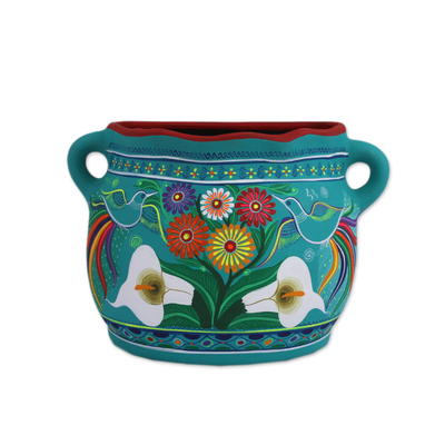 Ceramic wall art, 'Garden Vase' - Turquoise Hand Painted Ceramic Decorative Vase Wall Art