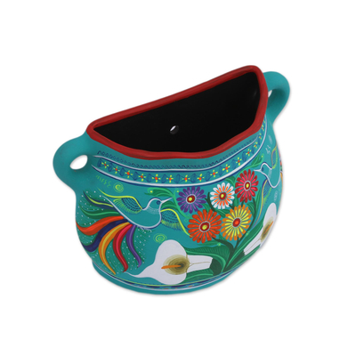 Arte de pared de cerámica, 'Jarrón de jardín' - Arte de pared de jarrón decorativo de cerámica pintado a mano de color turquesa