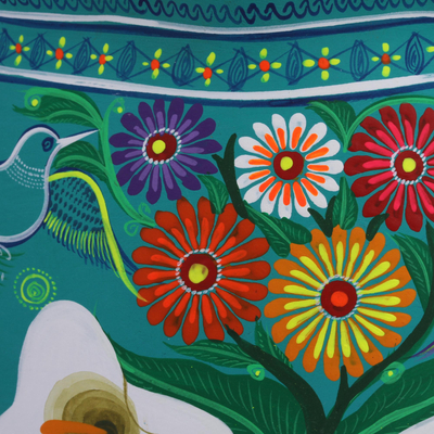 Keramische Wandkunst, 'Gartenvase'. - Türkisfarbene handgemalte Keramik-Dekorvase Wandkunst