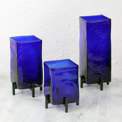 Set of 3 NOVICA Artisan Crafted Hand Blown Blue Glass Rectangular Vases from Mexico 'Blue Hurricane' 