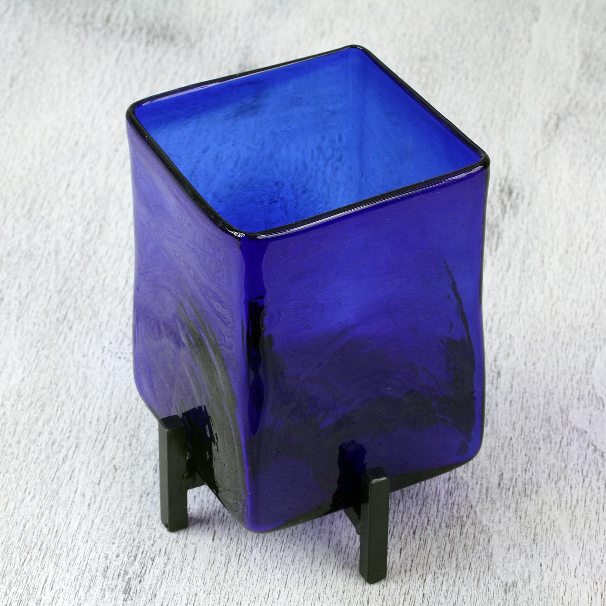 Mexican Handblown Glass Vases with Stands Set of 3 Blue Hurricane