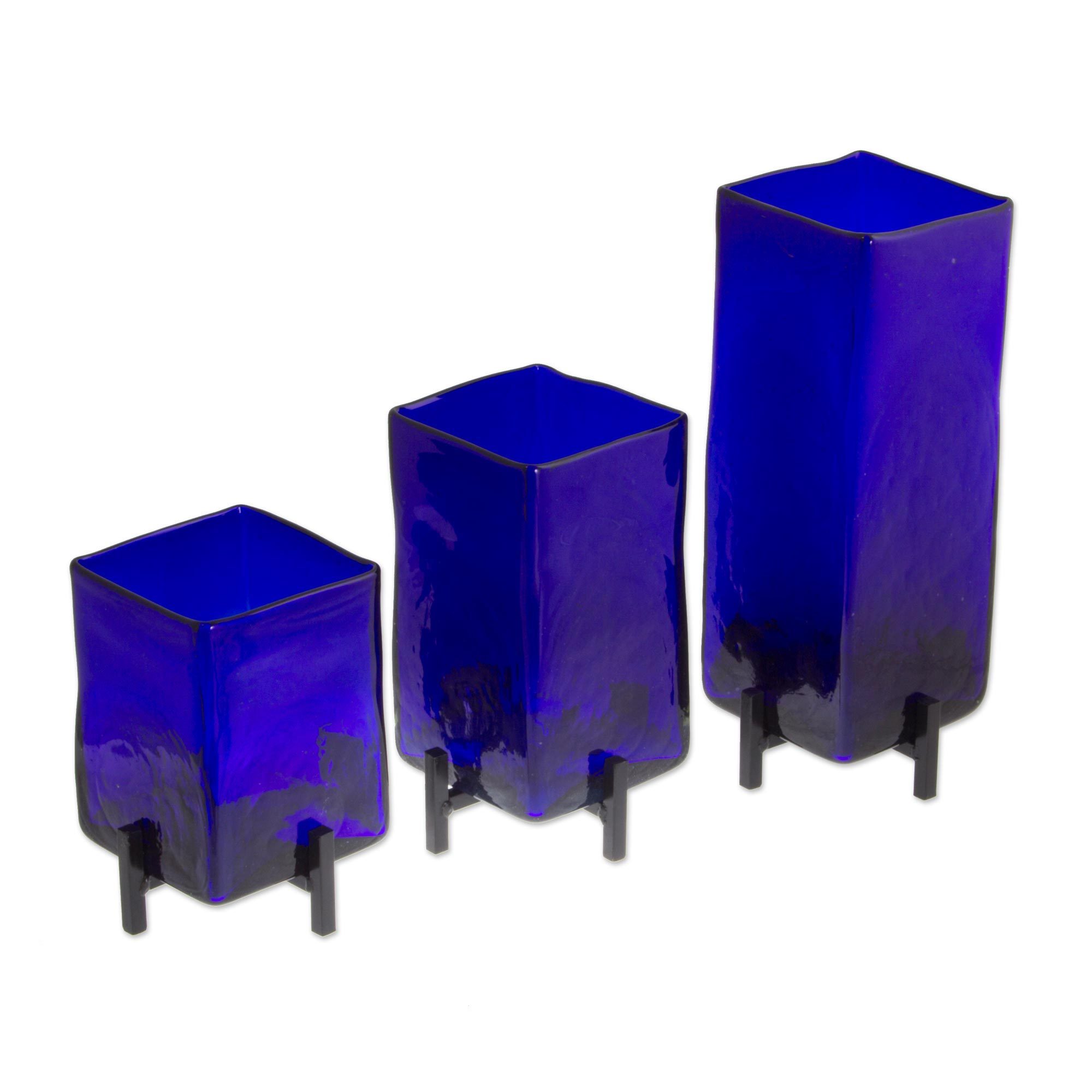 Mexican Handblown Glass Vases with Stands Set of 3 Blue Hurricane
