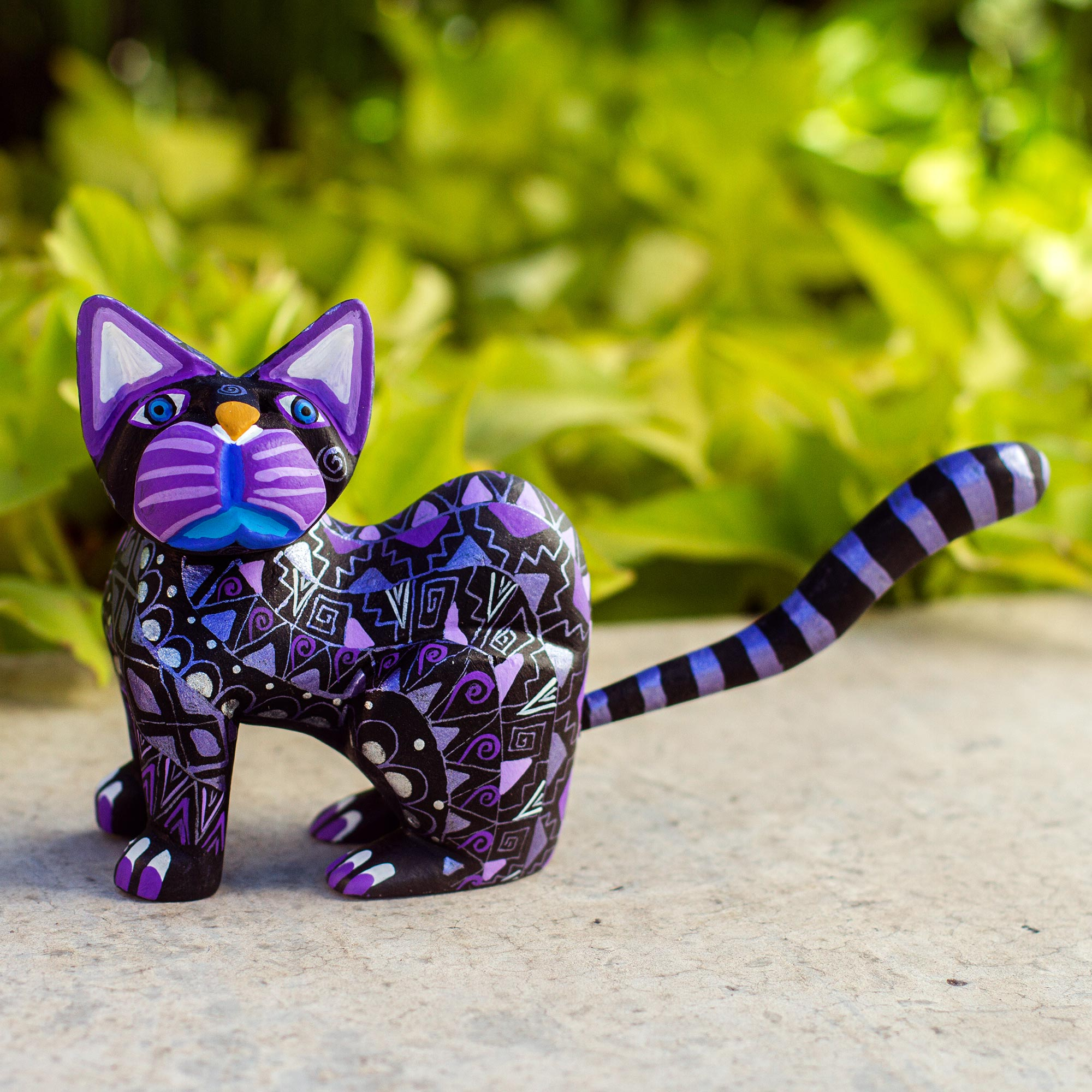 Black Alebrije Cat Silver and Purple Hand Painted Motifs