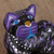 Wood alebrije figurine, 'Sophisticated Cat' - Black Alebrije Cat Silver and Purple Hand Painted Motifs
