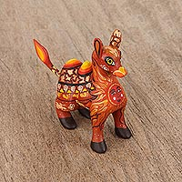 Wood alebrije figurine, 'Desert King' - Orange Alebrije Camel with Multicolor Hand Painted Motifs
