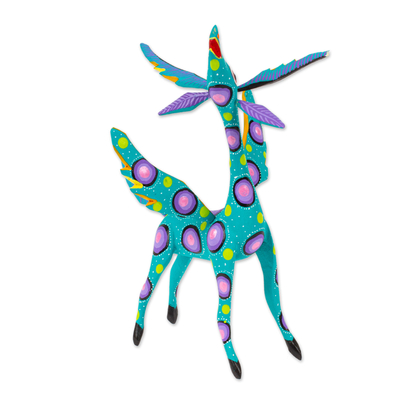 Alebrije-Statuette aus Holz - Blaugrüne Alebrije-Gazelle mit mehrfarbigen handgemalten Motiven
