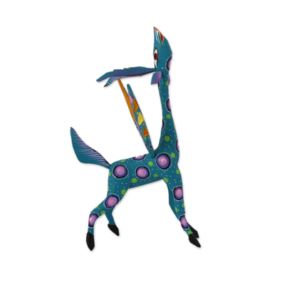 Alebrije-Statuette aus Holz - Blaugrüne Alebrije-Gazelle mit mehrfarbigen handgemalten Motiven