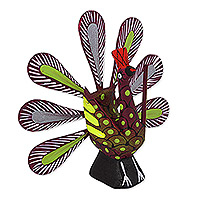 Wood alebrije figurine, 'Fairest Feathers' - Berry Alebrije Peacock with Multicolor Hand Painted Motifs