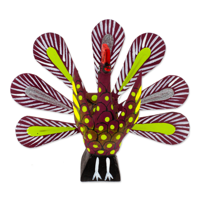 Wood alebrije figurine, 'Fairest Feathers' - Berry Alebrije Peacock with Multicolor Hand Painted Motifs