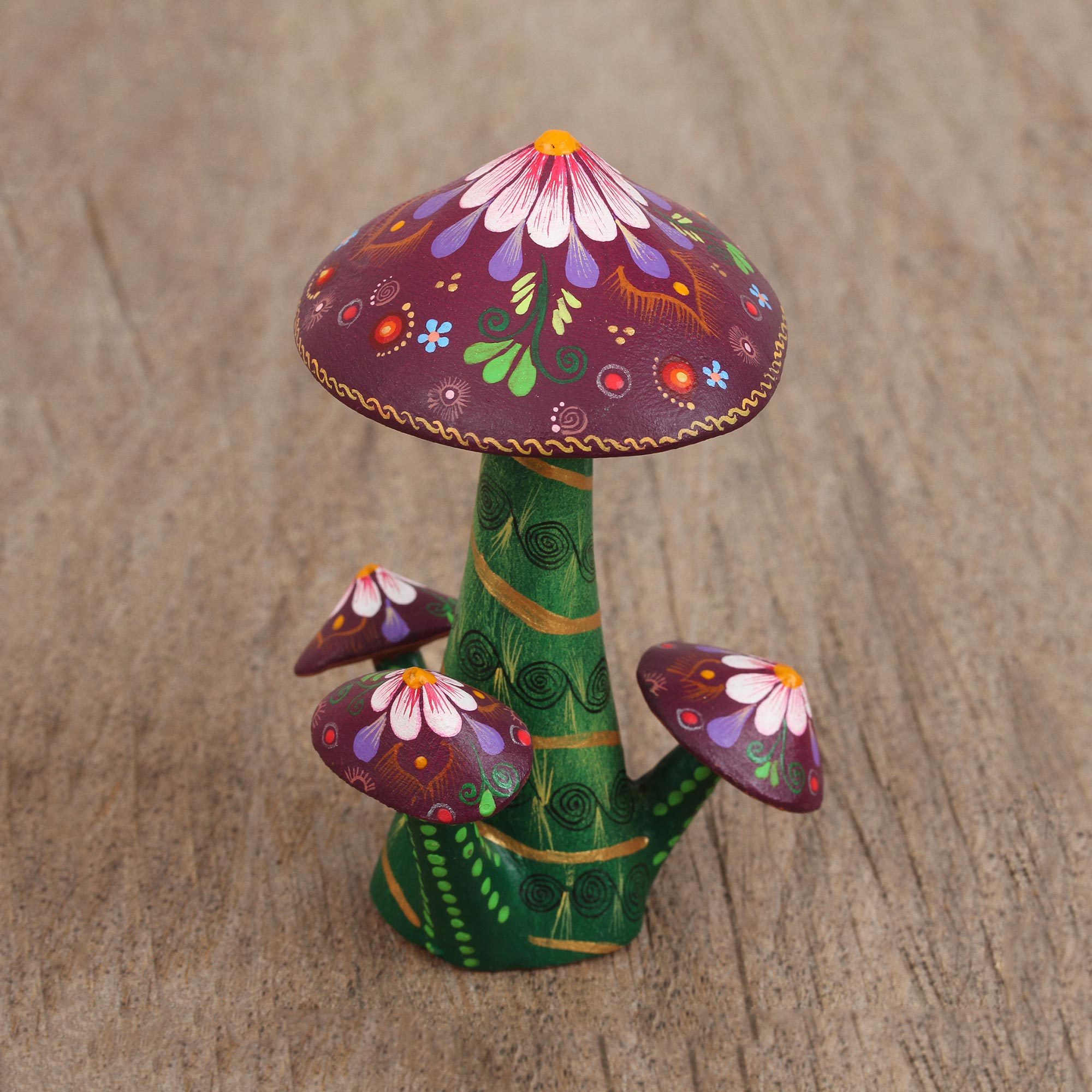 Multicolored Wood Mushroom Figurine from Mexico Vibrant Mushrooms