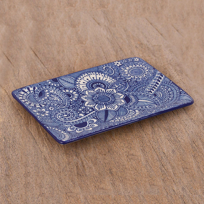 Handcrafted Rectangular Blue Floral and Paisley Ceramic ...