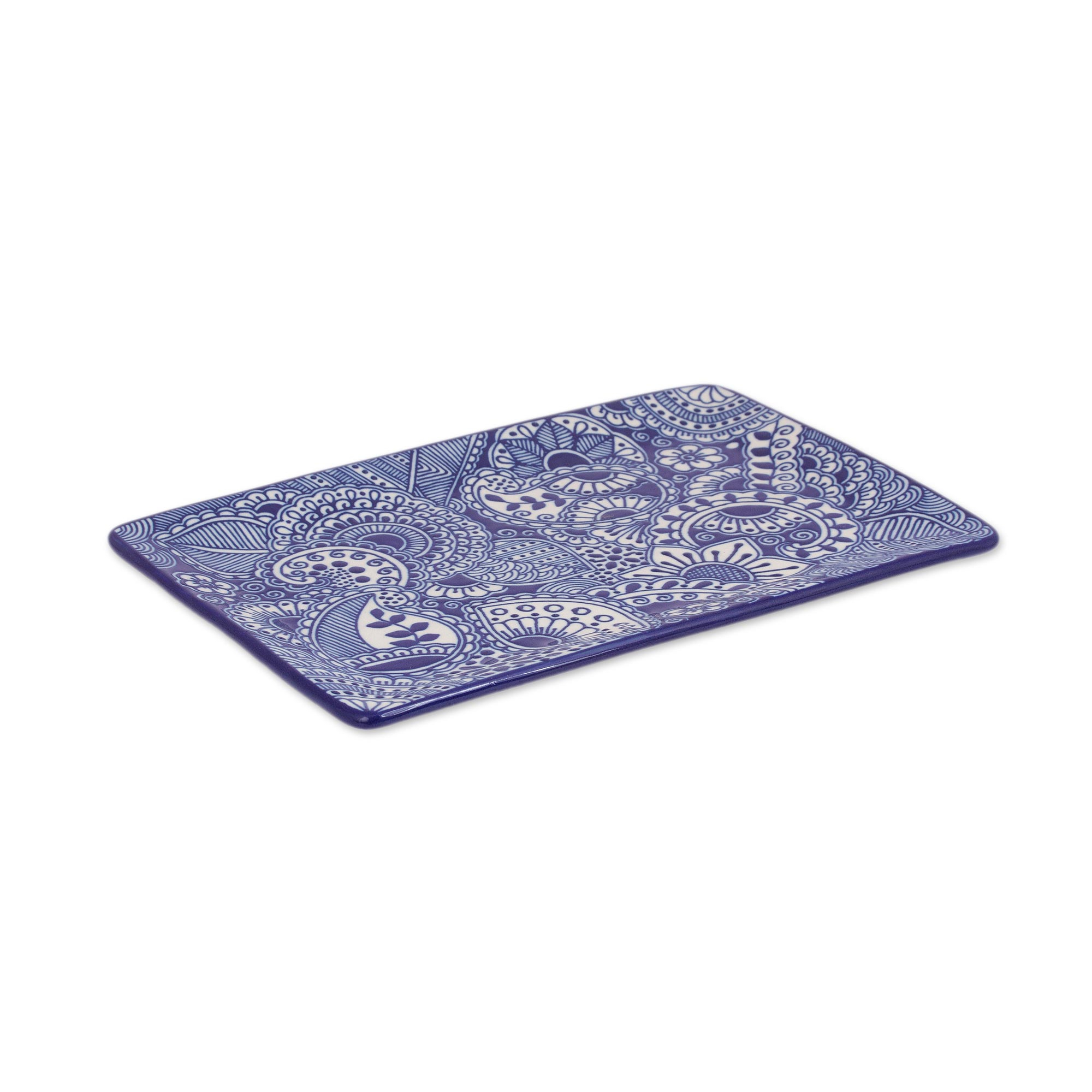 Handcrafted Rectangular Blue Floral and Paisley Ceramic Tray ...