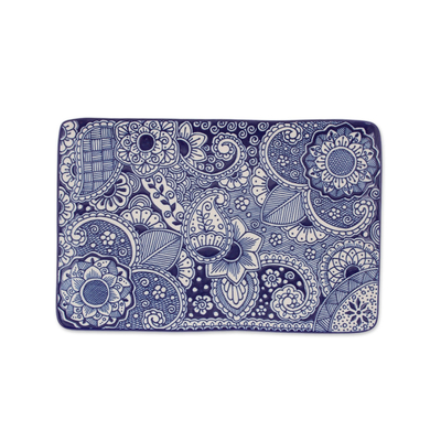 Mexican Handcrafted Rectangular Blue Floral Ceramic Tray Paisley Blue Novica